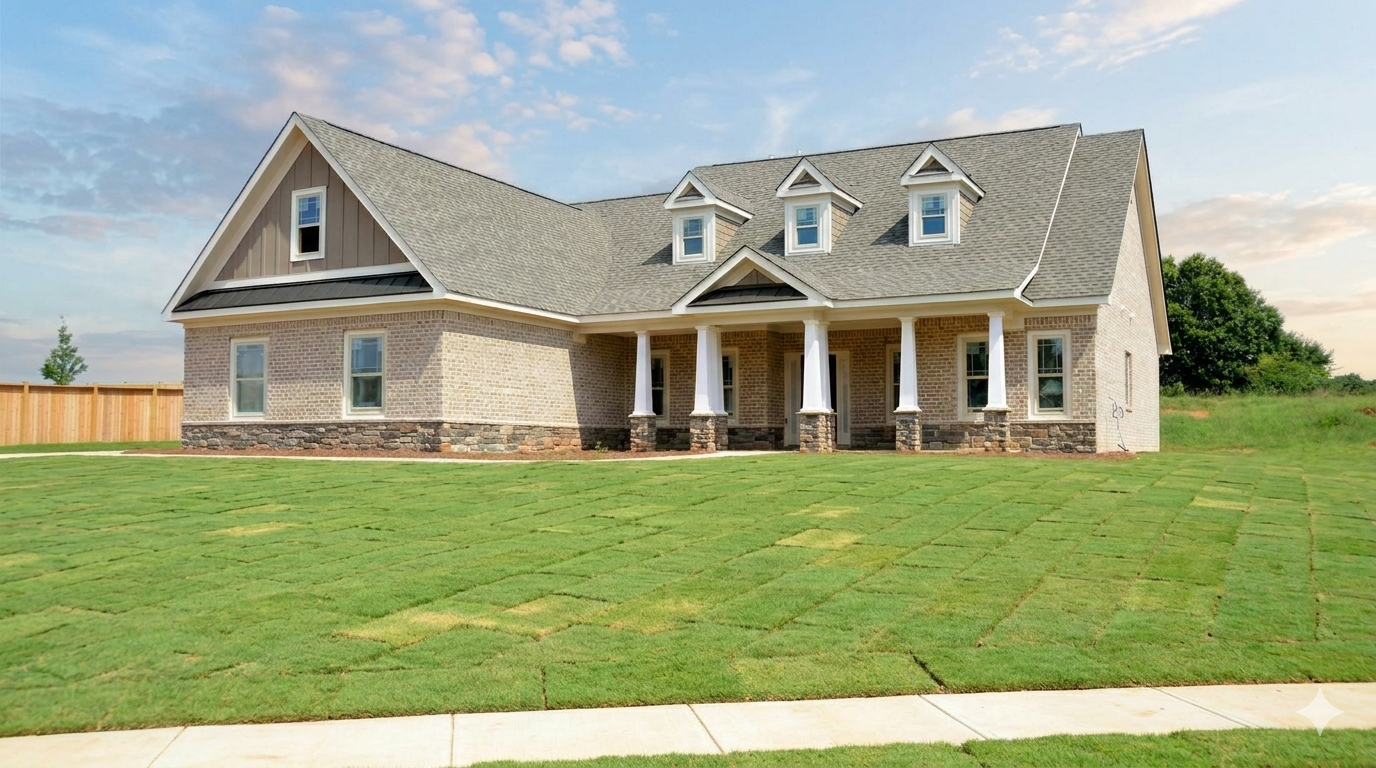After: Lush green lawn freshly installed at new construction home